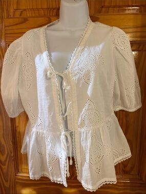 Joie White Eyelet Tie-Front Peplum Blouse. 100% cotton